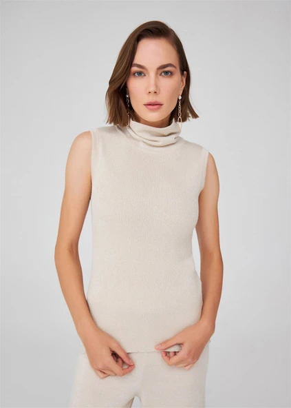 Peraluna Simli Balıkçı Yaka Kolsuz Kadın Triko Bluz - Krem - Resim 6