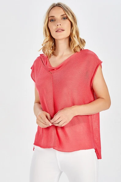Peraluna MAGENTA BLOUSE Düşük Kol Bluz - Koral - Resim 4