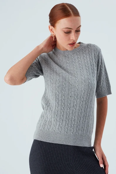 Peraluna NICOLE BLOUSE Saç Örgülü Kısa Kollu Kaşmirli Kadın Triko Bluz - Gri Melanj - Resim 7