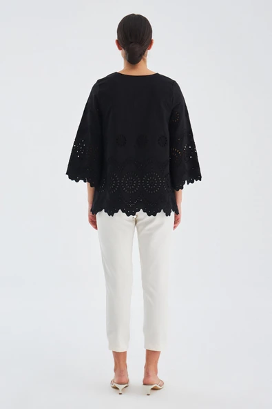Peraluna HİROMİ BLOUSE %100 Pamuk V Yaka 3/4 Çan Kol Yazlık Kadın Bluz - Siyah - Resim 6