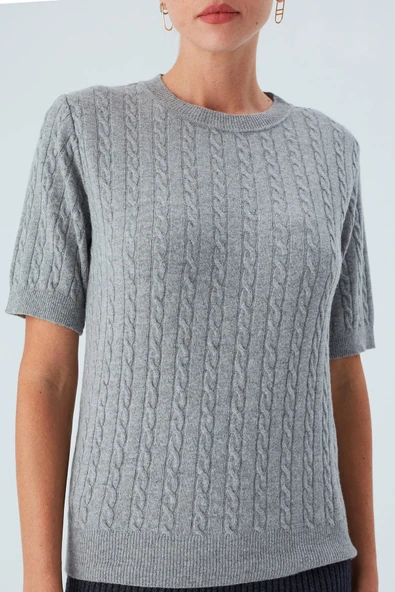 Peraluna NICOLE BLOUSE Saç Örgülü Kısa Kollu Kaşmirli Kadın Triko Bluz - Gri Melanj - Resim 6