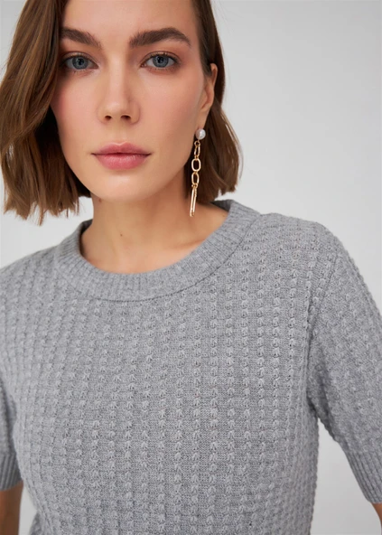 Peraluna Bisiklet Yaka Yarım Kol Kaşmir Karışım Kadın Triko Bluz - Gri Melanj - Resim 5