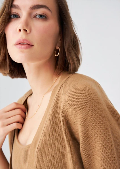 Peraluna Reglan Kollu Kaşmir Karışım Kısa Kadın Triko Bolero - Camel Melanj - Resim 3