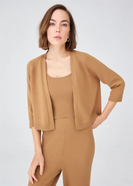 Peraluna Reglan Kollu Kaşmir Karışım Kısa Kadın Triko Bolero - Camel Melanj - Resim 2