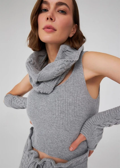 Peraluna Saç Örgü Kaşmir Karışım Kadın Triko Boyunluk - Gri Melanj - Resim 3