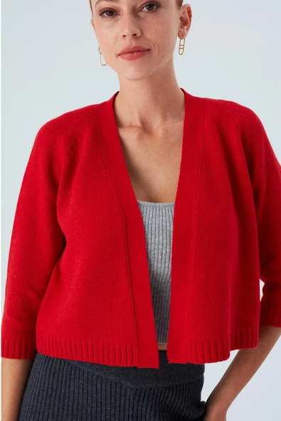 Peraluna Reglan Kollu Kaşmir Karışım Kısa Kadın Triko Bolero - Kırmızı - Resim 5