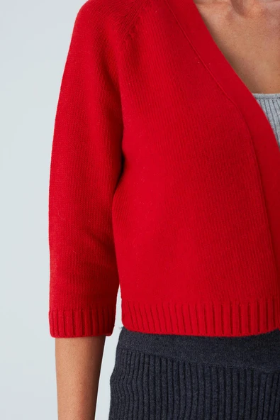 Peraluna Reglan Kollu Kaşmir Karışım Kısa Kadın Triko Bolero - Kırmızı - Resim 3