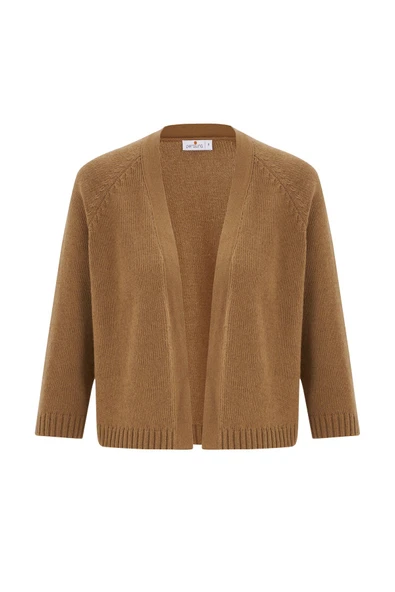 Peraluna Reglan Kollu Kaşmir Karışım Kısa Kadın Triko Bolero - Camel Melanj - Resim 7