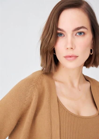 Peraluna Reglan Kollu Kaşmir Karışım Kısa Kadın Triko Bolero - Camel Melanj - Resim 5