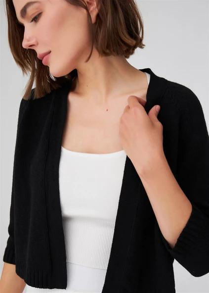 Peraluna Reglan Kollu Kaşmir Karışım Kısa Kadın Triko Bolero - Siyah - Resim 5