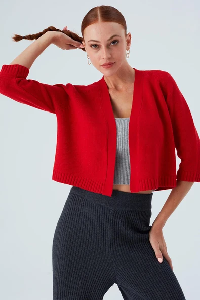 Peraluna Reglan Kollu Kaşmir Karışım Kısa Kadın Triko Bolero - Kırmızı - Resim 2