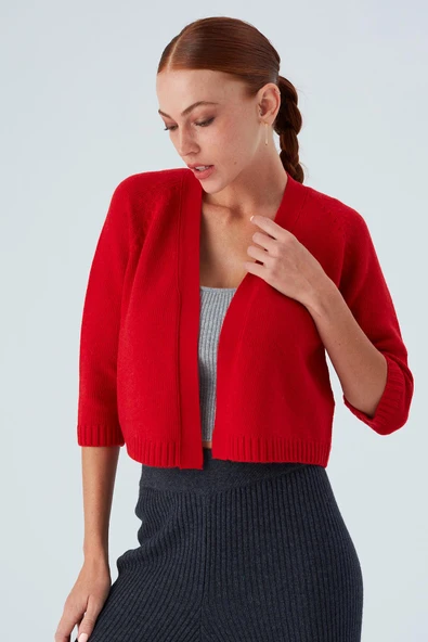 Peraluna Reglan Kollu Kaşmir Karışım Kısa Kadın Triko Bolero - Kırmızı - Resim 6