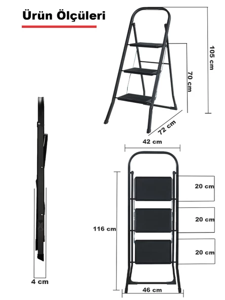 ERTEKPA 3 Basamak Siyah Merdiven Geniş Metal Basamaklı Minitower MT3 - 3