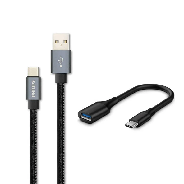 Philips 3A 60W UsbA to Type-C Deri Kaplama Hızlı Şarj ve Data Kablosu Siyah + ScHitec Type-C to UsbA 3.0 OTG Dönüştürücü Adaptör