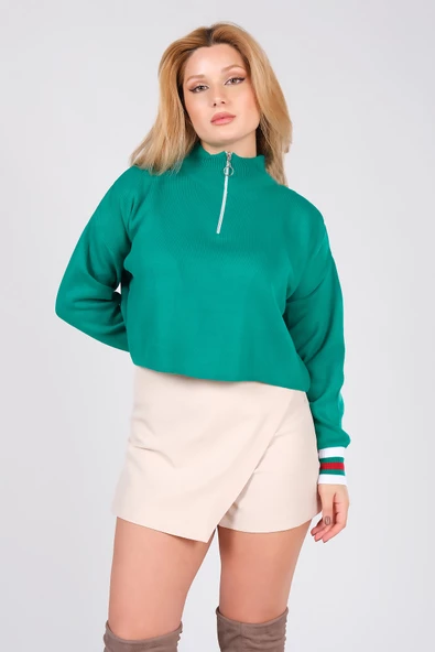 Kadın Dik Yaka Yarım Fermuarlı Crop Kazak Yeşil - 5