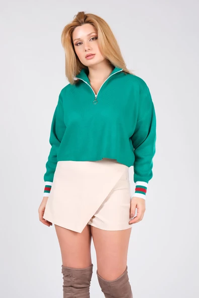 Kadın Dik Yaka Yarım Fermuarlı Crop Kazak Yeşil - 2