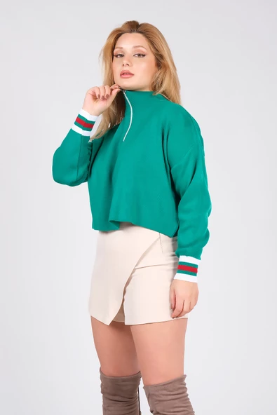 Kadın Dik Yaka Yarım Fermuarlı Crop Kazak Yeşil - 4