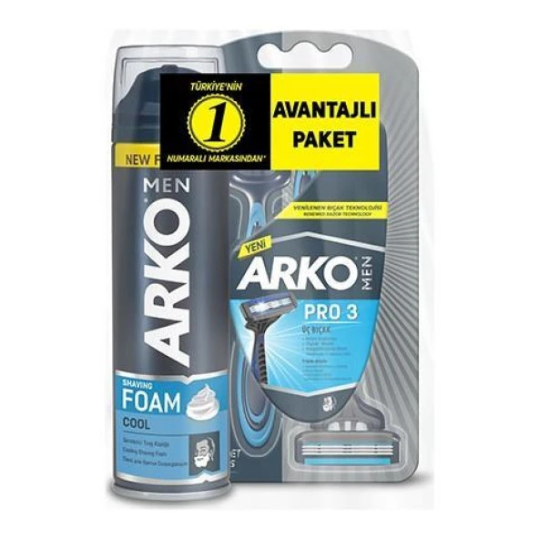 Arko Men T3 Pro 3 Bıçaklı Tıraş Bıçağı 3 lü + Cool Tıraş Köpüğü 200 ml