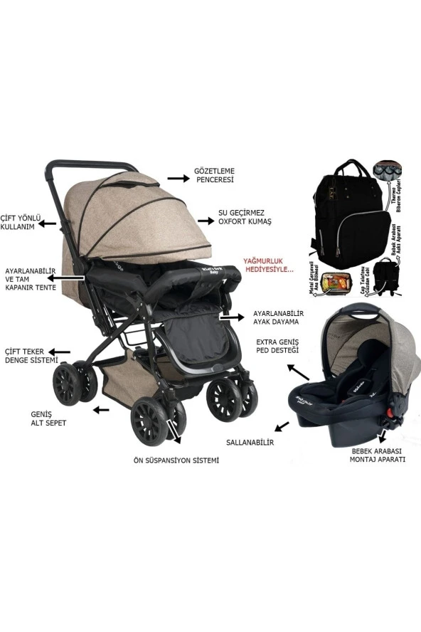 Çift Yönlü Treval Sistem Bebek Arabası - Bebek Bakım Çantası Kahverengi Set