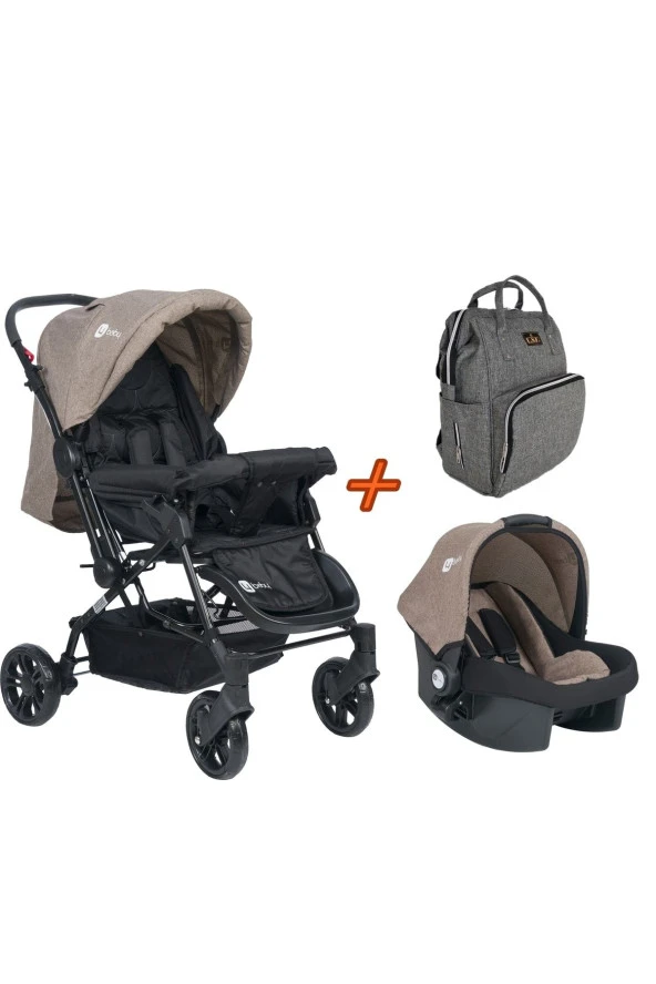 Travel Sistem Çift Yönlü Bebek Arabası 4 Baby - Bebek Arabası Kahve+puset+gri Çanta