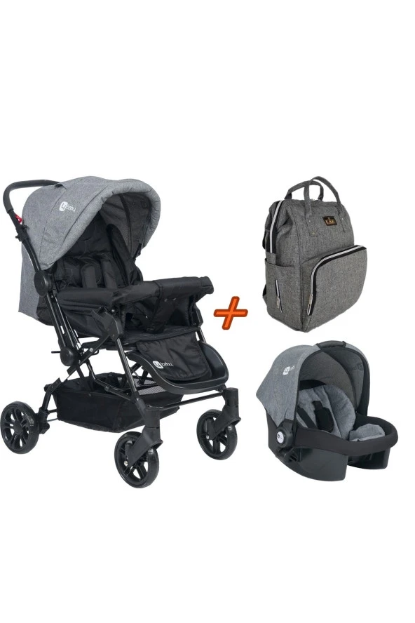 Travel Sistem Çift Yönlü Bebek Arabası 4 Baby - Bebek Arabası Gri+puset+gri Çanta