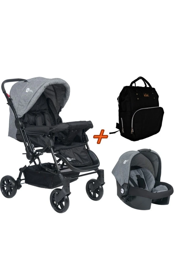 Travel Sistem Çift Yönlü Bebek Arabası 4 Baby - Bebek Arabası Gri+Puset+Siyah Çanta