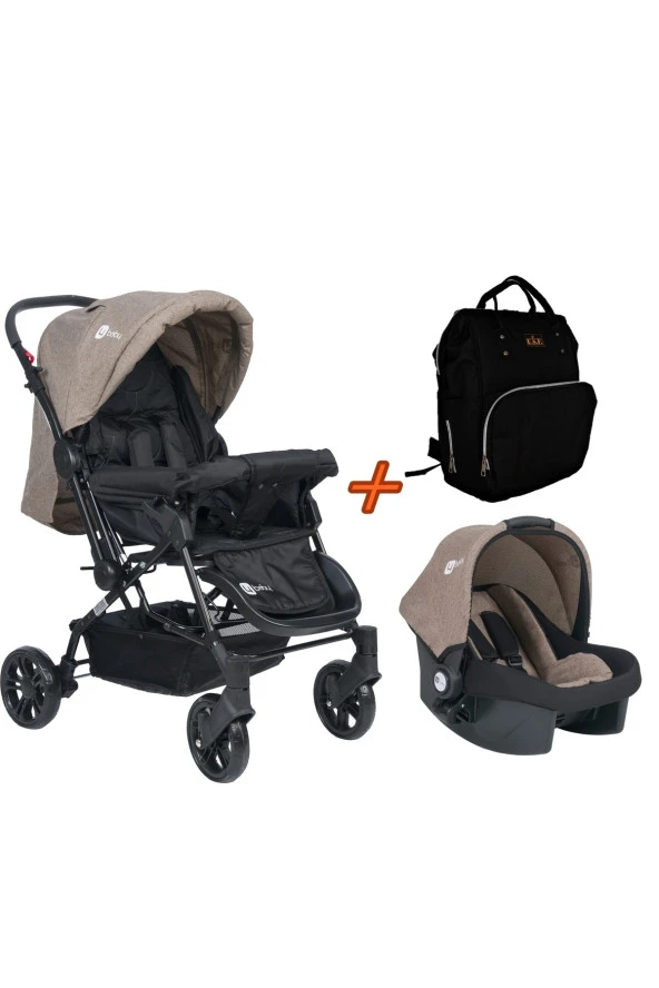 Travel Sistem Çift Yönlü Bebek Arabası 4 Baby - Bebek Arabası Kahve + Puset + Siyah Çanta