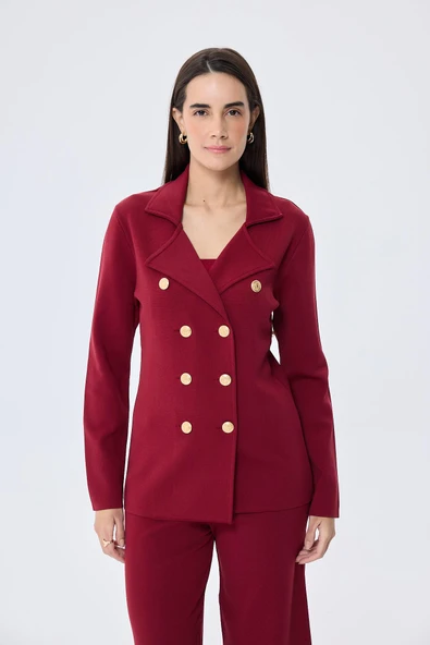 Styleboom X Peraluna KATHERINE BLAZER Çelik Örgü Klasik Kesim Düğmeli Blazer Kadın Triko Ceket - Bordo - Resim 2