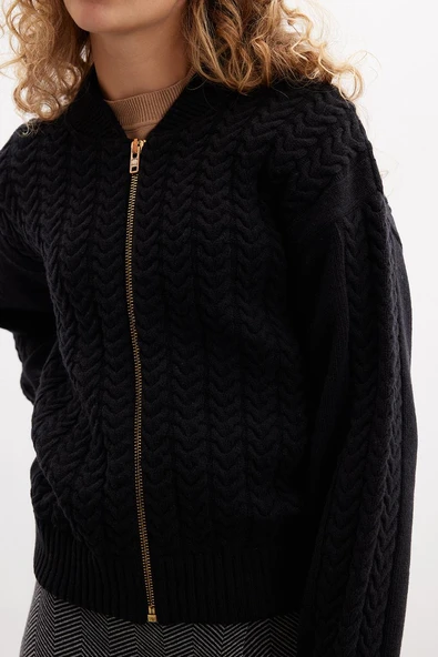 Styleboom X Peraluna DOVER BOMBER JACKET Saç Örgü Triko Bomber Kadın Triko Ceket - Siyah - Resim 4