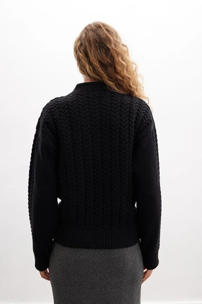 Styleboom X Peraluna DOVER BOMBER JACKET Saç Örgü Triko Bomber Kadın Triko Ceket - Siyah - Resim 6