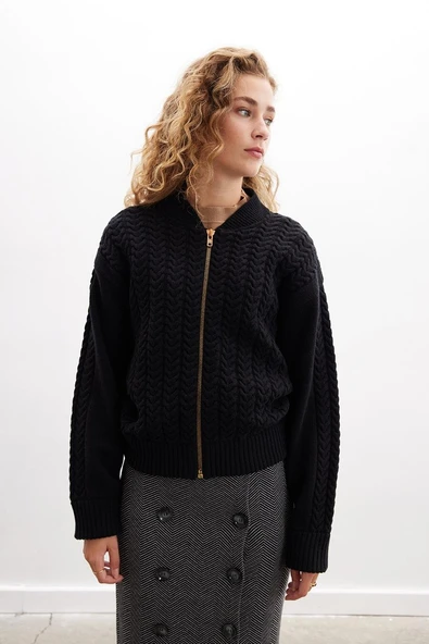 Styleboom X Peraluna DOVER BOMBER JACKET Saç Örgü Triko Bomber Kadın Triko Ceket - Siyah - Resim 3