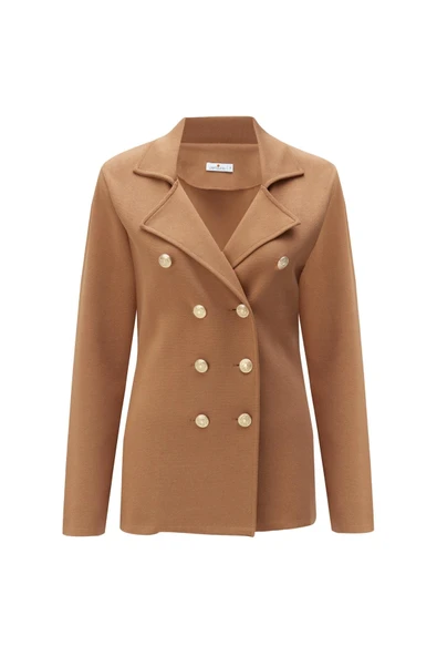 Styleboom X Peraluna KATHERINE BLAZER Çelik Örgü Klasik Kesim Düğmeli Blazer Kadın Triko Ceket - Camel - Resim 8