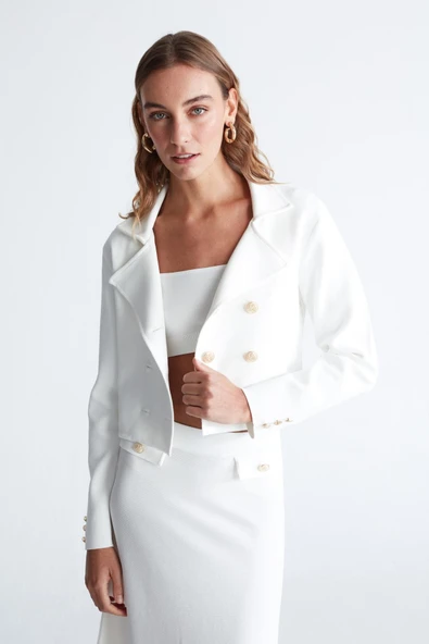 Styleboom X Peraluna KATHY BLAZER Çelik Örgü Crop Kruvaze Blazer Kadın Triko Ceket - Ekru - Resim 3