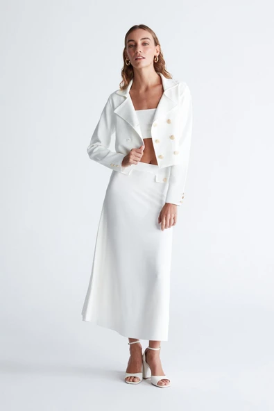 Styleboom X Peraluna KATHY BLAZER Çelik Örgü Crop Kruvaze Blazer Kadın Triko Ceket - Ekru - Resim 2