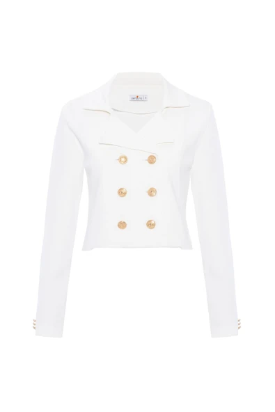 Styleboom X Peraluna KATHY BLAZER Çelik Örgü Crop Kruvaze Blazer Kadın Triko Ceket - Ekru - Resim 9