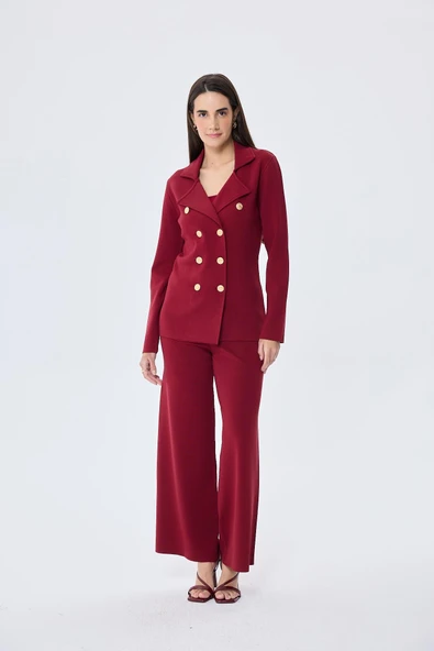 Styleboom X Peraluna KATHERINE BLAZER Çelik Örgü Klasik Kesim Düğmeli Blazer Kadın Triko Ceket - Bordo