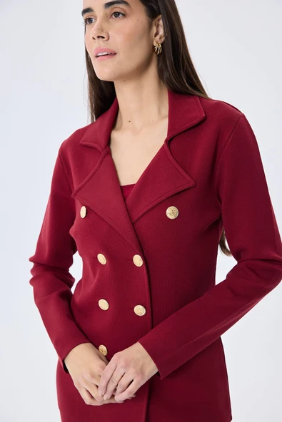 Styleboom X Peraluna KATHERINE BLAZER Çelik Örgü Klasik Kesim Düğmeli Blazer Kadın Triko Ceket - Bordo - Resim 3