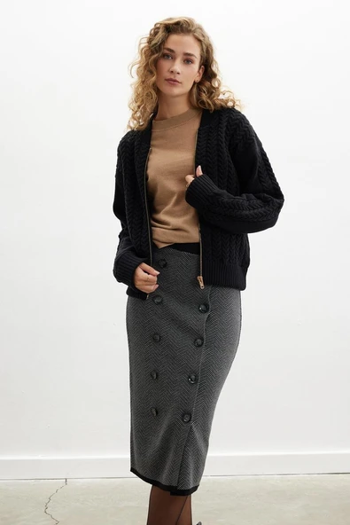 Styleboom X Peraluna DOVER BOMBER JACKET Saç Örgü Triko Bomber Kadın Triko Ceket - Siyah - Resim 5