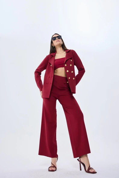 Styleboom X Peraluna KATHERINE BLAZER Çelik Örgü Klasik Kesim Düğmeli Blazer Kadın Triko Ceket - Bordo - Resim 7