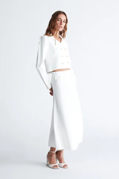 Styleboom X Peraluna KATHY BLAZER Çelik Örgü Crop Kruvaze Blazer Kadın Triko Ceket - Ekru - Resim 4