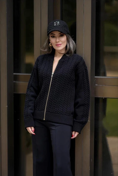 Styleboom X Peraluna DOVER BOMBER JACKET Saç Örgü Triko Bomber Kadın Triko Ceket - Siyah ürün görseli 1