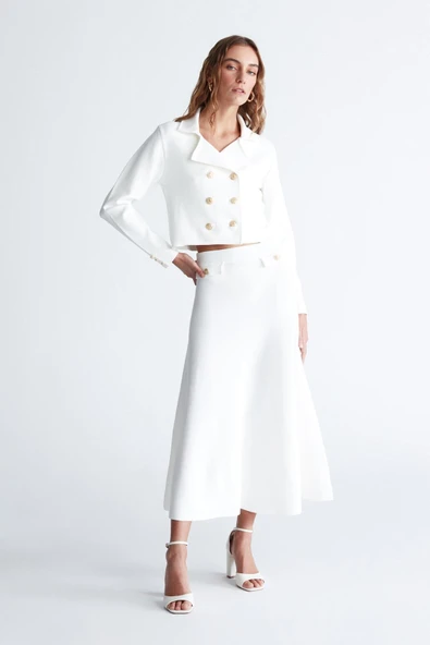 Styleboom X Peraluna KATHY BLAZER Çelik Örgü Crop Kruvaze Blazer Kadın Triko Ceket - Ekru - Resim 5