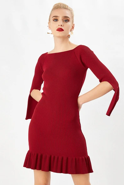 Peraluna Ribanalı Fırfırlı Kadın Abiye Elbise - BORDO - Resim 2