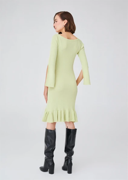 Peraluna Ribanalı Diz Boyu Abiye Kadın Triko Elbise - Yeşil - Resim 6