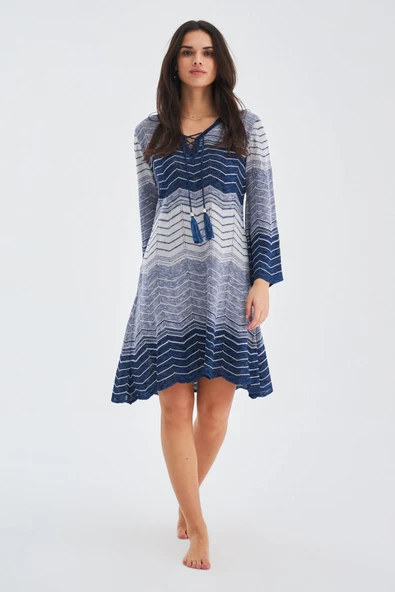 Peraluna SAKURA DRESS Çan Kollu Diz Üstü Yazlık Kadın Triko Elbise - İndigo Melanj ürün görseli 1