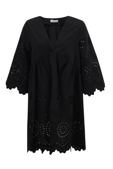 Peraluna HİROMİ DRESS %100 Pamuk 3/4 Kol Diz Hizası Yazlık Kadın Elbise - Siyah - 10