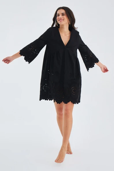 Peraluna HİROMİ DRESS %100 Pamuk 3/4 Kol Diz Hizası Yazlık Kadın Elbise - Siyah - Resim 8