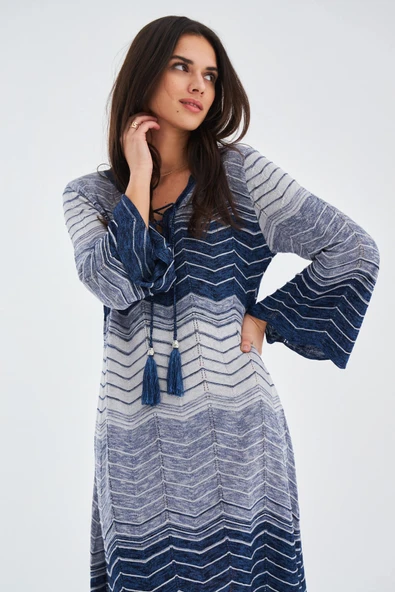 Peraluna SAKURA DRESS Çan Kollu Diz Üstü Yazlık Kadın Triko Elbise - İndigo Melanj - Resim 5