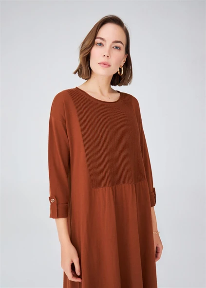 Peraluna Roba Detaylı Bol Kesim Merino Yün Karışım Uzun Kadın Triko Elbise - Kahve - Resim 4