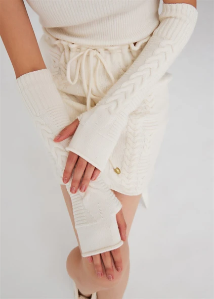 Peraluna Saç Örgü Desenli Kaşmir Karışımlı Uzun Kadın Triko Eldiven - Ekru - Resim 2